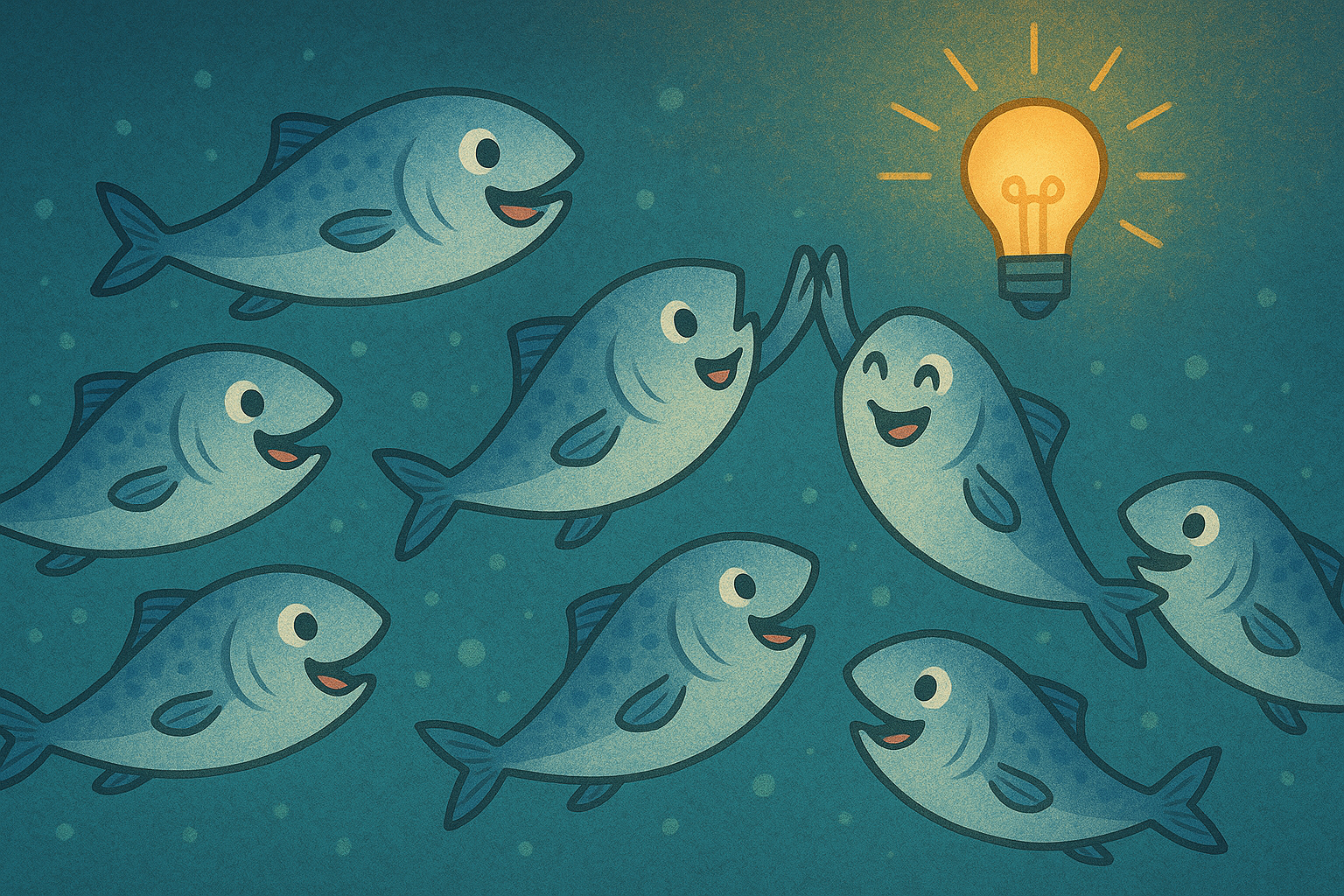 Cartoon illustration of a group of smiling fish underwater, with two fish giving each other a high-five beneath a glowing lightbulb, symbolizing teamwork and shared ideas.